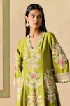 Chandrima_Olive Green Chanderi Embroidery V-neck Contrast Cordwork Kurta And Pant Set _Online_at_Aza_Fashions