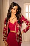Aariyana Couture_Red Silk Organza, Satin, Lycra, Crepe Embroidery Open Jacket And Draped Skirt Set _Online