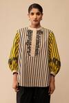 Buy Bunka Yellow Cotton Embroidery Round Neck Asha Stripe Pattern Shirt at Aza Fashions Buy_Bunka_Yellow Cotton Embroidery Round Neck Asha Stripe Pattern Shirt _at_Aza_Fashions