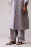Bunka_Gray Organza Embroidery Mandarin Collar Ambreen Grey Tunic And Pant Set _at_Aza_Fashions