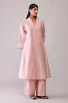Shop_Bunka_Pink Chanderi Embroidery V-neck Ambreen Kurta And Pant Set _Online_at_Aza_Fashions
