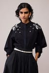 Bunka_Black Cotton Embroidery Collared Solid Ann Shirt _Online_at_Aza_Fashions