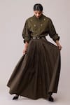 Buy_Bunka_Olive Green Cotton Embroidery Mandarin Collar - Shirt _Online_at_Aza_Fashions