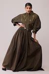 Buy_Bunka_Olive Green Cotton Embroidery Mandarin Collar - Shirt _at_Aza_Fashions