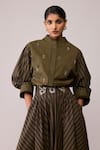 Shop_Bunka_Olive Green Cotton Embroidery Mandarin Collar - Shirt _Online_at_Aza_Fashions
