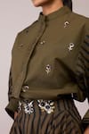 Bunka_Olive Green Cotton Embroidery Mandarin Collar - Shirt _at_Aza_Fashions