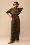 Buy_Bunka_Brown Cotton Embroidery Mandarin Collar Emma Striped Olive Shirt _at_Aza_Fashions
