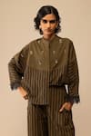 Bunka_Brown Cotton Embroidery Mandarin Collar Emma Striped Olive Shirt _Online_at_Aza_Fashions