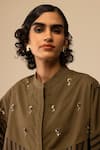 Shop_Bunka_Brown Cotton Embroidery Mandarin Collar Emma Striped Olive Shirt _Online_at_Aza_Fashions