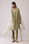Buy_Bunka_Green Organza Embroidery V-neck Farida Kurta Set _at_Aza_Fashions