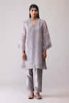 Bunka_Gray Organza Embroidery, Beads Round Neck Farida Grey Kurta Set _at_Aza_Fashions