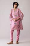 Bunka_Pink Organza Embroidery, Lace V-neck Farida Print Kurta Set _at_Aza_Fashions