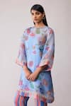 Bunka_Blue Organza Embroidery Round Neck Myla Print Kurta Set _Online_at_Aza_Fashions