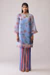 Buy_Bunka_Blue Organza Embroidery Round Neck Myla Print Kurta Set _at_Aza_Fashions