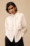 Shop_Bunka_White Cotton Embroidery, Lace Mandarin Collar Nora Shirt _Online_at_Aza_Fashions