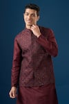 Buy_Rng Safawala_Maroon Silk, Dupion, Shantoon Embroidery, Sequins Kurta-bundi Set _Online_at_Aza_Fashions