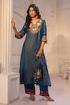 Aariyana Couture_Blue Tissue, Linen, Satin Embroidery, Tassels Split V-neck Kurta And Pant Set _Online_at_Aza_Fashions