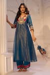 Buy_Aariyana Couture_Blue Tissue, Linen, Satin Embroidery, Tassels Split V-neck Kurta And Pant Set _Online_at_Aza_Fashions