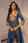 Aariyana Couture_Blue Tissue, Linen, Satin Embroidery, Tassels Split V-neck Kurta And Pant Set _at_Aza_Fashions