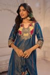 Buy_Aariyana Couture_Blue Tissue, Linen, Satin Embroidery, Tassels Split V-neck Kurta And Pant Set 