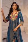 Shop_Aariyana Couture_Blue Tissue, Linen, Satin Embroidery, Tassels Split V-neck Kurta And Pant Set 
