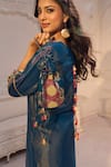 Aariyana Couture_Blue Tissue, Linen, Satin Embroidery, Tassels Split V-neck Kurta And Pant Set _Online