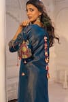 Buy_Aariyana Couture_Blue Tissue, Linen, Satin Embroidery, Tassels Split V-neck Kurta And Pant Set _Online