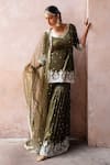 Preevin_Olive Green Chanderi Silk, Tulle Forest Straight Sharara Set With Dupatta _Online_at_Aza_Fashions