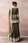 Shop_Preevin_Olive Green Chanderi Silk, Tulle Forest Peplum Sharara Set With Dupatta _at_Aza_Fashions