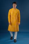 Shop_Countrymade_Yellow Embroidery Mustard Line Pattern Kurta Set _at_Aza_Fashions