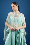 Buy_Prisho_Aqua Chiffon Embroidery, Beads Round Neck Blue Designer Kaftan And Draped Pant Set _Online_at_Aza_Fashions
