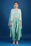 Prisho_Aqua Chiffon Embroidery, Beads Round Neck Blue Designer Kaftan And Draped Pant Set _at_Aza_Fashions