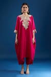 Prisho_Fuchsia Embroidery V-neck Pink Designer Kaftan And Pant Set _Online_at_Aza_Fashions