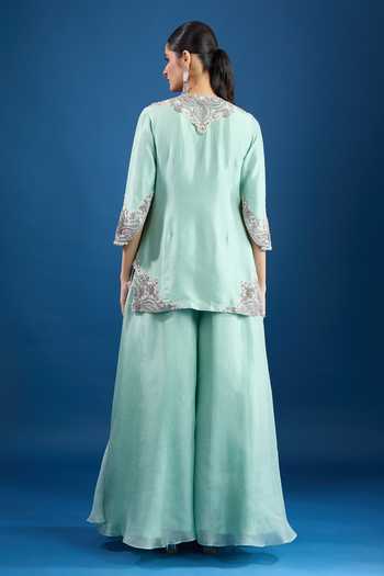 Shop_Prisho_Aqua Chiffon Sequins, Embroidery Round Neck Blue Designer Kurta Set _at_Aza_Fashions