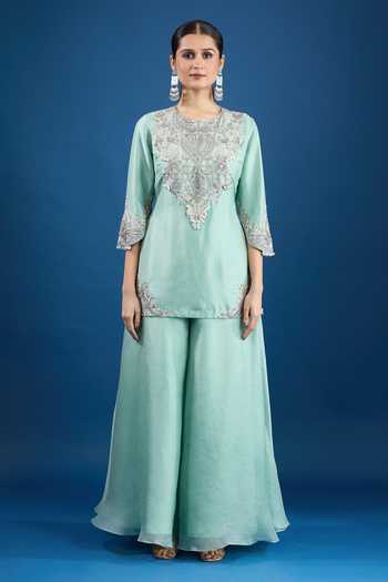Prisho_Aqua Chiffon Sequins, Embroidery Round Neck Blue Designer Kurta Set _Online_at_Aza_Fashions