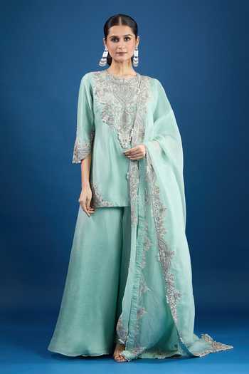 Buy_Prisho_Aqua Chiffon Sequins, Embroidery Round Neck Blue Designer Kurta Set _at_Aza_Fashions
