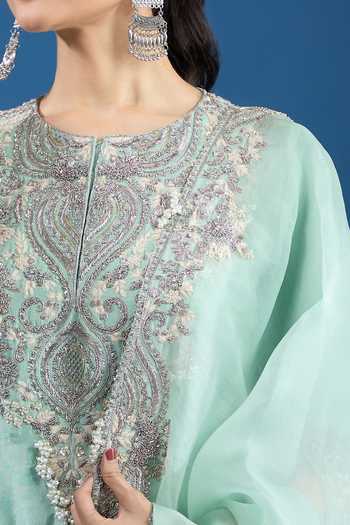 Prisho_Aqua Chiffon Sequins, Embroidery Round Neck Blue Designer Kurta Set _at_Aza_Fashions