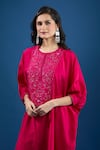 Shop_Prisho_Fuchsia Embroidery Round Neck Pink Designer Kaftan And Pant Set _Online_at_Aza_Fashions