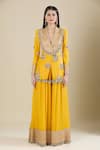Anamika Khanna_Yellow Sequins, Embroidery V-neck Kesar Jacket And Skirt Set _Online_at_Aza_Fashions
