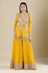 Shop_Anamika Khanna_Yellow Sequins, Embroidery V-neck Kesar Jacket And Skirt Set _Online_at_Aza_Fashions