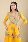Anamika Khanna_Yellow Sequins, Embroidery V-neck Kesar Jacket And Skirt Set _at_Aza_Fashions