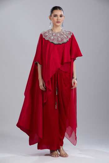 Prisho_Red Embroidery, Beads Round Neck Flower Kaftan Skirt Set _Online_at_Aza_Fashions