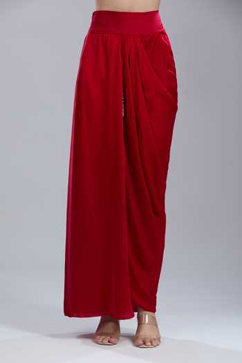 Prisho_Red Embroidery, Beads Round Neck Flower Kaftan Skirt Set _at_Aza_Fashions