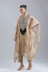 Buy_Prisho_Gold Tissue Embroidery, Fringe Round Neck Resham Kaftan And Pant Set _at_Aza_Fashions