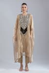 Buy_Prisho_Gold Tissue Embroidery, Fringe Round Neck Resham Kaftan And Pant Set 