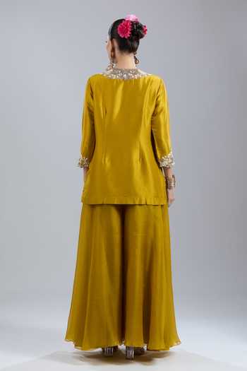 Shop_Prisho_Mustard Embroidery Round Neck Floral Kurta Sharara Set _at_Aza_Fashions