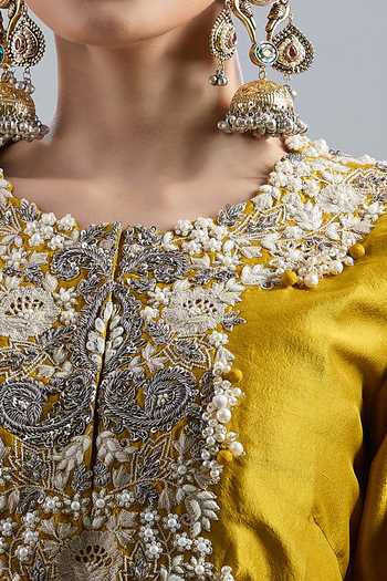 Shop_Prisho_Mustard Embroidery Round Neck Floral Kurta Sharara Set _Online_at_Aza_Fashions