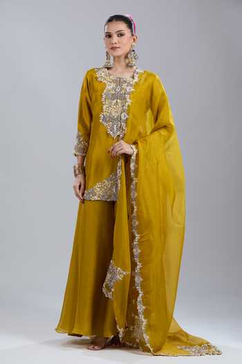 Prisho_Mustard Embroidery Round Neck Floral Kurta Sharara Set _at_Aza_Fashions