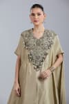 Prisho_Beige Tassels V-neck Dori Embroidered Kaftan And Pant Set _at_Aza_Fashions