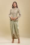 Buy_Anamika Khanna_Green Sequins, Embroidery Mandarin Collar Peplum Tunic And Draped Skirt Set _at_Aza_Fashions